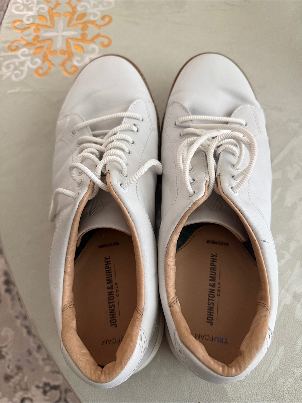 Johnston & Murphy White Leather Lace-Up Sneakers with Tan Trim